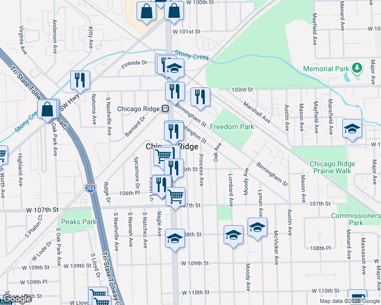 map of restaurants, bars, coffee shops, grocery stores, and more near 10444 Princess Avenue in Chicago Ridge