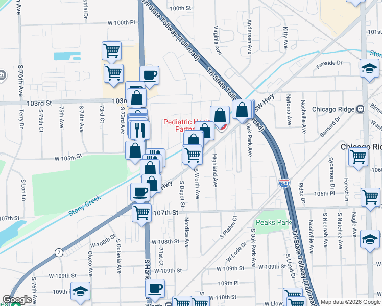 map of restaurants, bars, coffee shops, grocery stores, and more near 10508 Ridge Cove Drive in Chicago Ridge