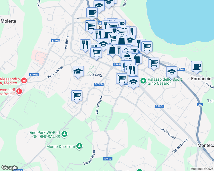 map of restaurants, bars, coffee shops, grocery stores, and more near 9 Via Aspro in Genzano di Roma