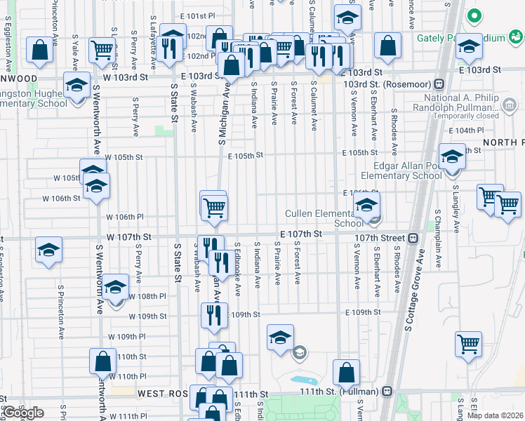 map of restaurants, bars, coffee shops, grocery stores, and more near 10605 South Indiana Avenue in Chicago
