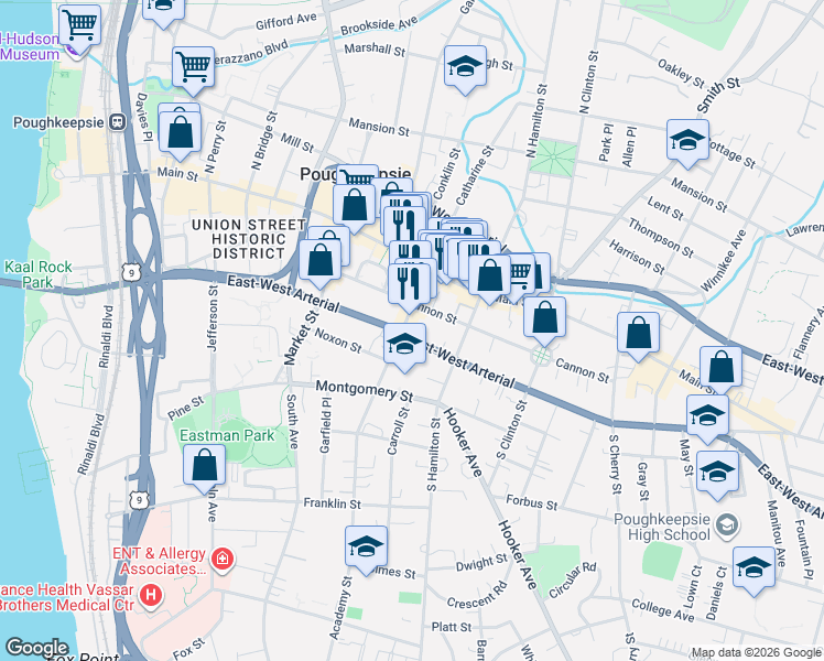 map of restaurants, bars, coffee shops, grocery stores, and more near 205 Church Street in Poughkeepsie