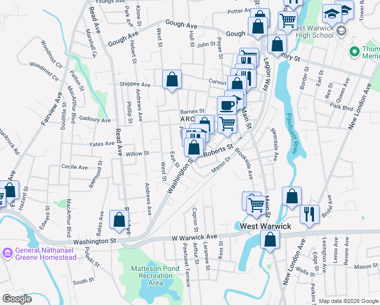 map of restaurants, bars, coffee shops, grocery stores, and more near 15 Pond Street in West Warwick