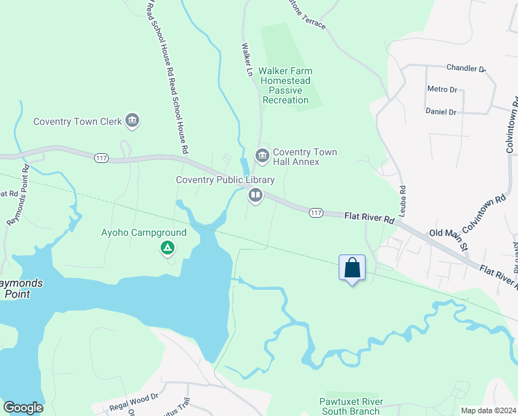 map of restaurants, bars, coffee shops, grocery stores, and more near 1670 Flat River Road in Coventry