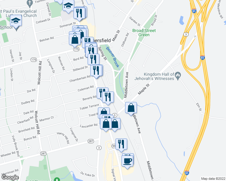 map of restaurants, bars, coffee shops, grocery stores, and more near 149 Spring Street in Wethersfield