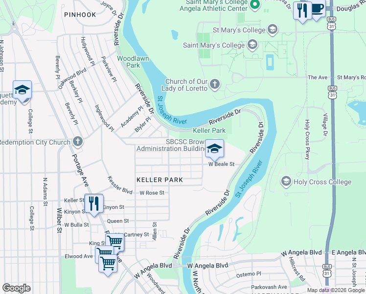 map of restaurants, bars, coffee shops, grocery stores, and more near 1985 Riverside Drive in South Bend