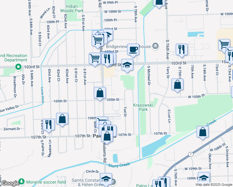 map of restaurants, bars, coffee shops, grocery stores, and more near in Palos Hills