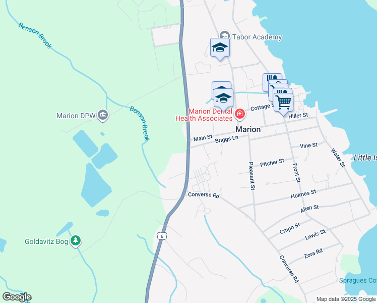 map of restaurants, bars, coffee shops, grocery stores, and more near 620 Mill Street in Marion