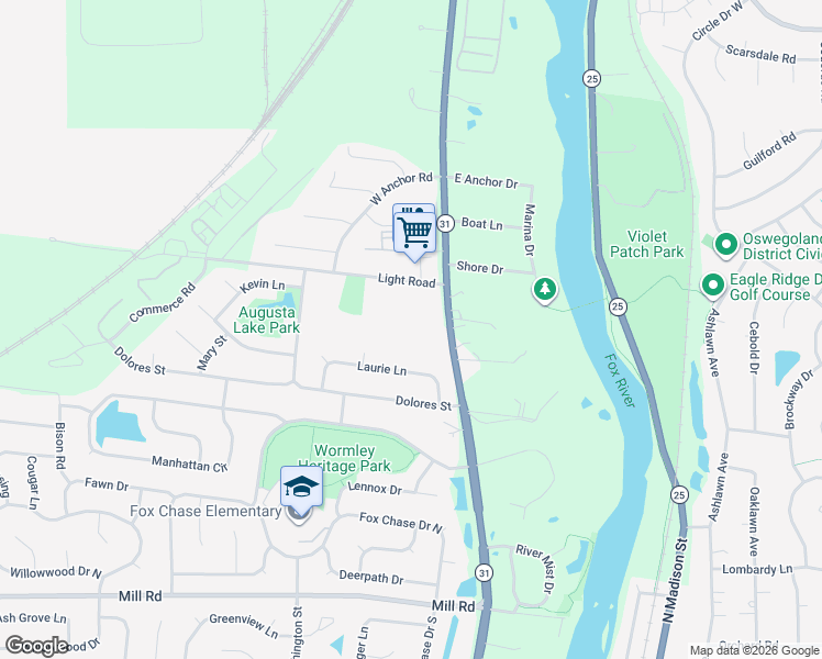 map of restaurants, bars, coffee shops, grocery stores, and more near 2400 Light Road in Oswego