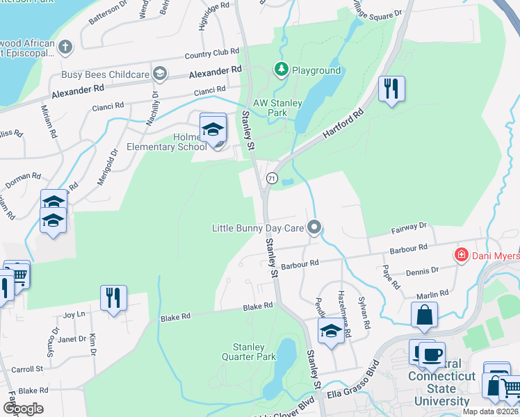 map of restaurants, bars, coffee shops, grocery stores, and more near 2056 Stanley Street in New Britain