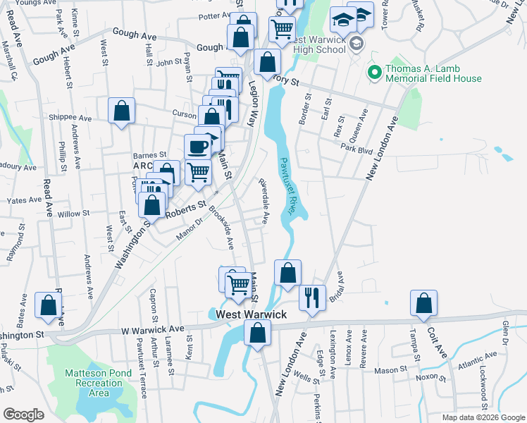 map of restaurants, bars, coffee shops, grocery stores, and more near 31 Riverdale Avenue in West Warwick