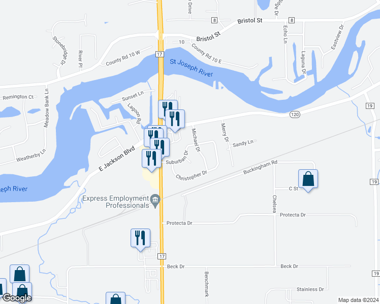 map of restaurants, bars, coffee shops, grocery stores, and more near 21884 Suburban Drive in Elkhart