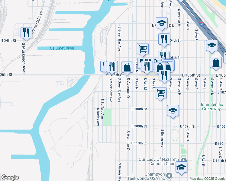 map of restaurants, bars, coffee shops, grocery stores, and more near 10655 South Mackinaw Avenue in Chicago