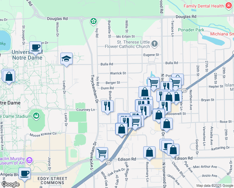 map of restaurants, bars, coffee shops, grocery stores, and more near 54512 Burdette Street in South Bend