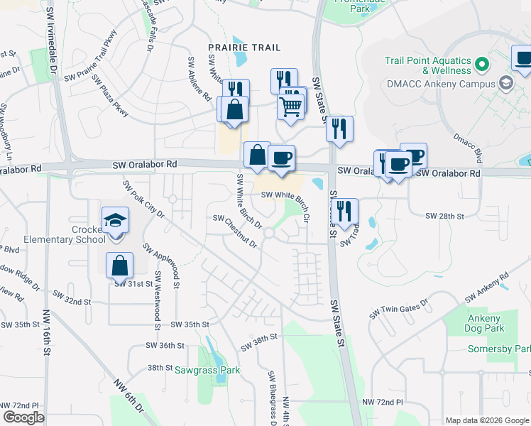 map of restaurants, bars, coffee shops, grocery stores, and more near 1825 Southwest White Birch Circle in Ankeny