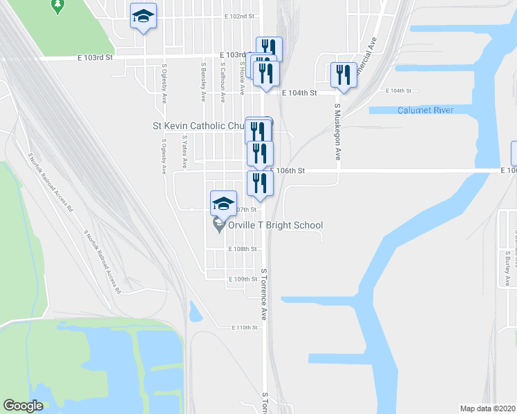 map of restaurants, bars, coffee shops, grocery stores, and more near 10658 South Torrence Avenue in Chicago