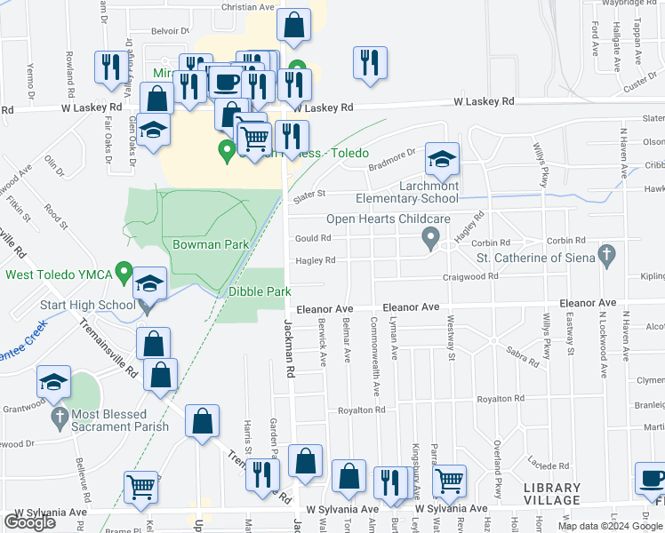 map of restaurants, bars, coffee shops, grocery stores, and more near 1619 Hagley Road in Toledo