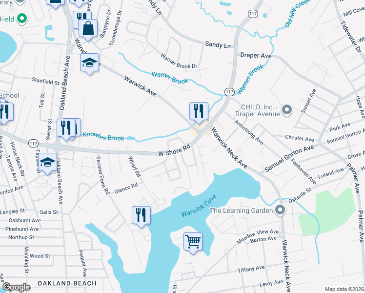 map of restaurants, bars, coffee shops, grocery stores, and more near 24 Churubusco Drive in Warwick