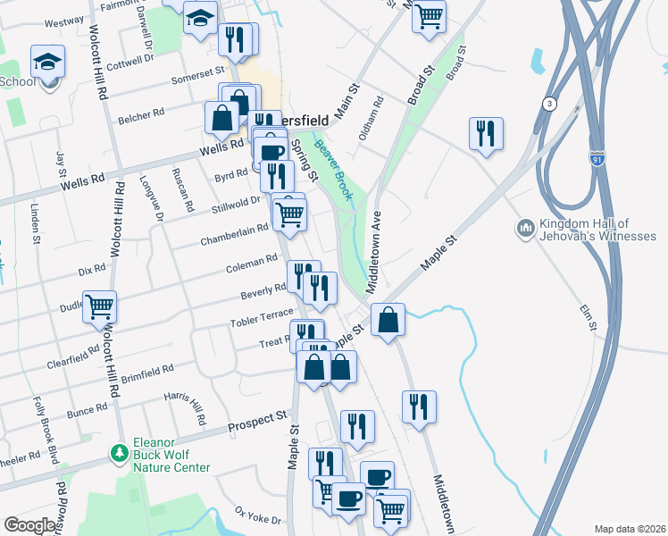 map of restaurants, bars, coffee shops, grocery stores, and more near 4 Sharon Lane in Wethersfield