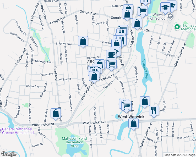map of restaurants, bars, coffee shops, grocery stores, and more near 220 Washington Street in West Warwick