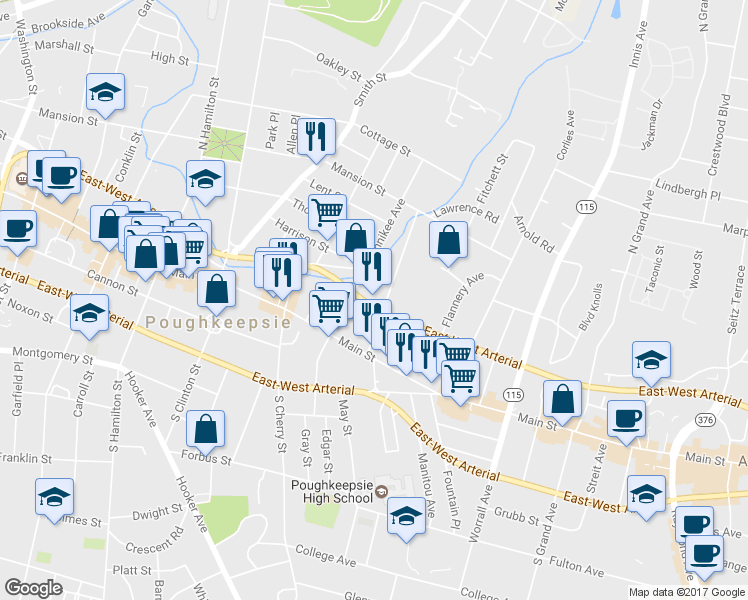 map of restaurants, bars, coffee shops, grocery stores, and more near 28 Pershing Avenue in Poughkeepsie