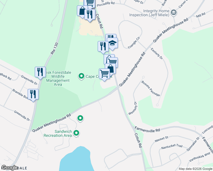 map of restaurants, bars, coffee shops, grocery stores, and more near 77 Quaker Meeting House Road in Sandwich