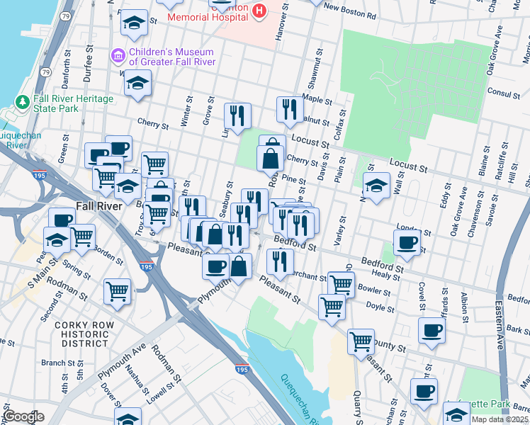 map of restaurants, bars, coffee shops, grocery stores, and more near 99 Robeson Street in Fall River