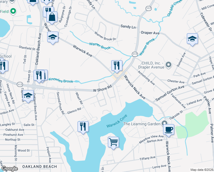 map of restaurants, bars, coffee shops, grocery stores, and more near 24 Churubusco Drive in Warwick