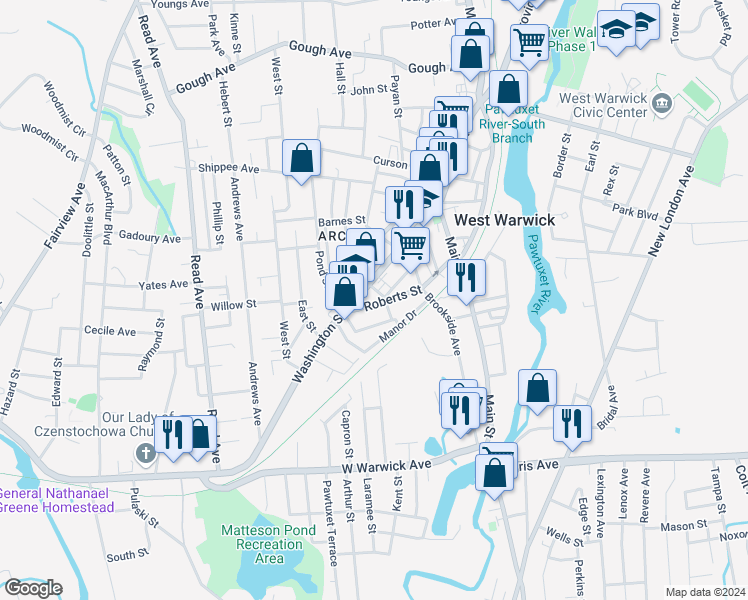map of restaurants, bars, coffee shops, grocery stores, and more near 199 Washington Street in West Warwick
