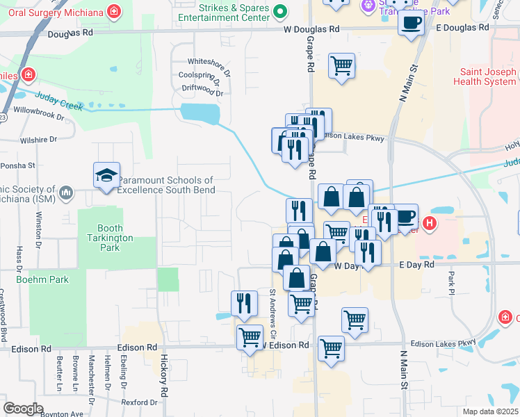 map of restaurants, bars, coffee shops, grocery stores, and more near 530 Tanglewood Lane in Mishawaka
