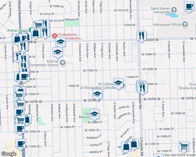 map of restaurants, bars, coffee shops, grocery stores, and more near 10517 Kildare Avenue in Oak Lawn