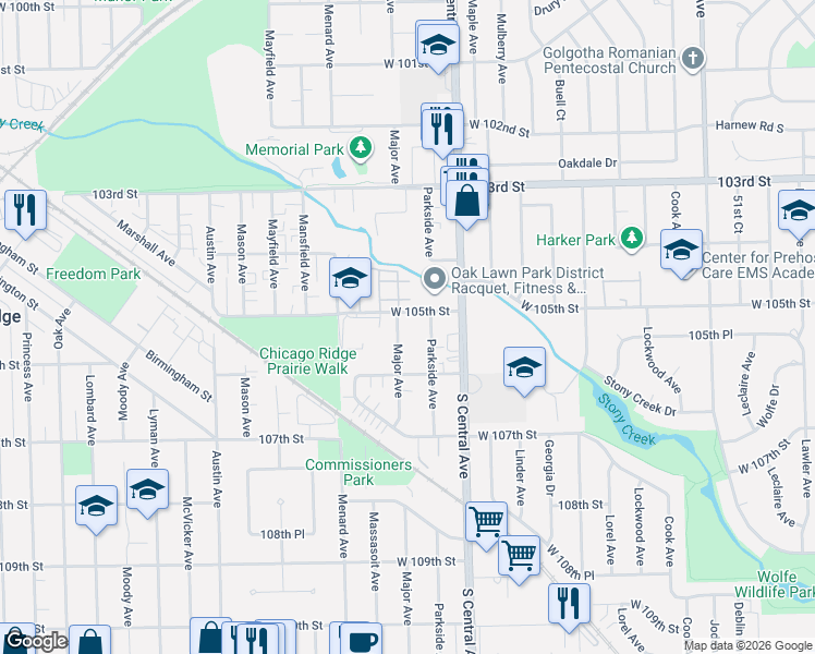 map of restaurants, bars, coffee shops, grocery stores, and more near 10501 Major Avenue in Chicago Ridge