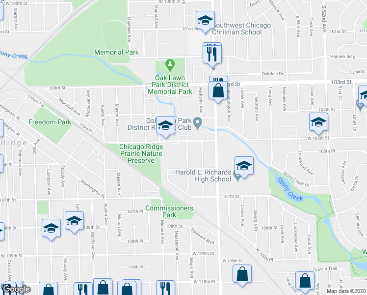 map of restaurants, bars, coffee shops, grocery stores, and more near 5636 West 105th Street in Oak Lawn