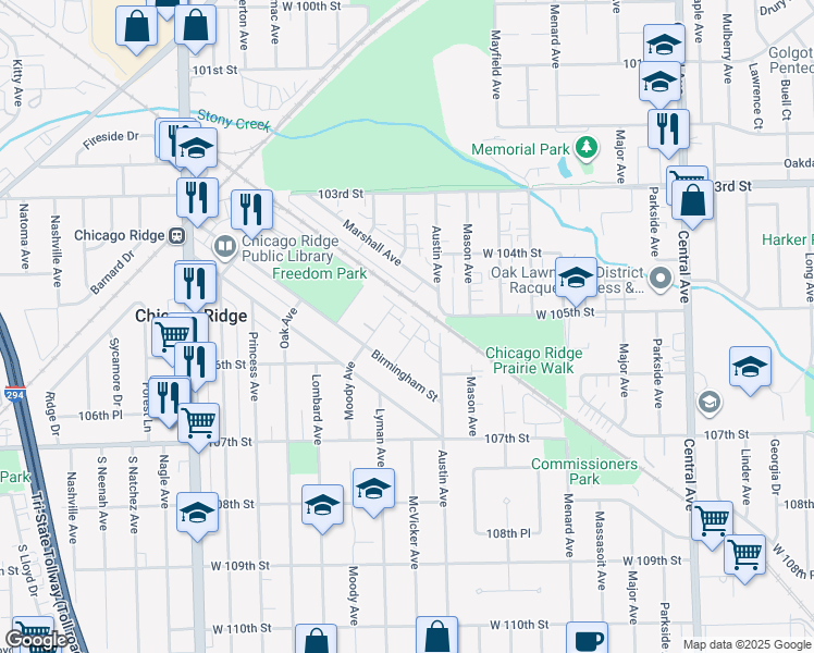 map of restaurants, bars, coffee shops, grocery stores, and more near 10401 Moody Avenue in Chicago Ridge