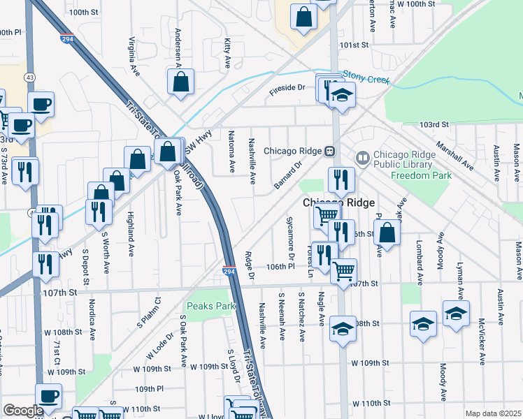 map of restaurants, bars, coffee shops, grocery stores, and more near 10430 South Nashville Avenue in Chicago Ridge