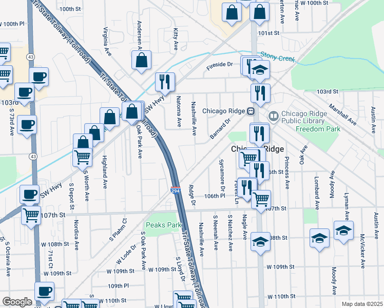 map of restaurants, bars, coffee shops, grocery stores, and more near 10430 South Nashville Avenue in Chicago Ridge