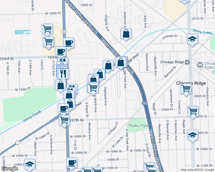map of restaurants, bars, coffee shops, grocery stores, and more near in Worth