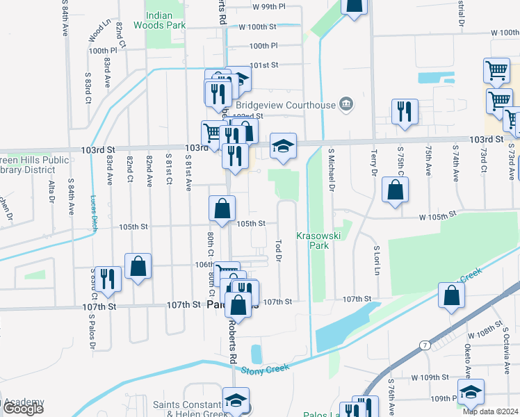 map of restaurants, bars, coffee shops, grocery stores, and more near 10402 Sheffield Drive in Palos Hills