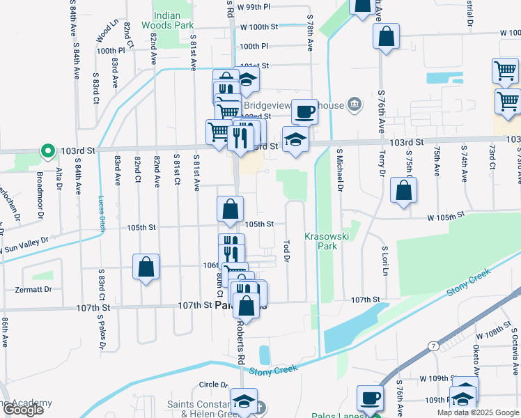 map of restaurants, bars, coffee shops, grocery stores, and more near in Palos Hills