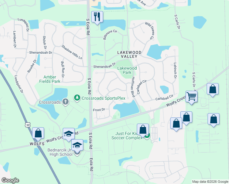 map of restaurants, bars, coffee shops, grocery stores, and more near 2560 Smithfield Lane in Aurora