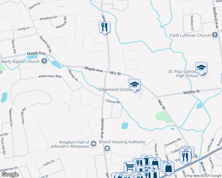 map of restaurants, bars, coffee shops, grocery stores, and more near 23 Willow Brook Road in Bristol