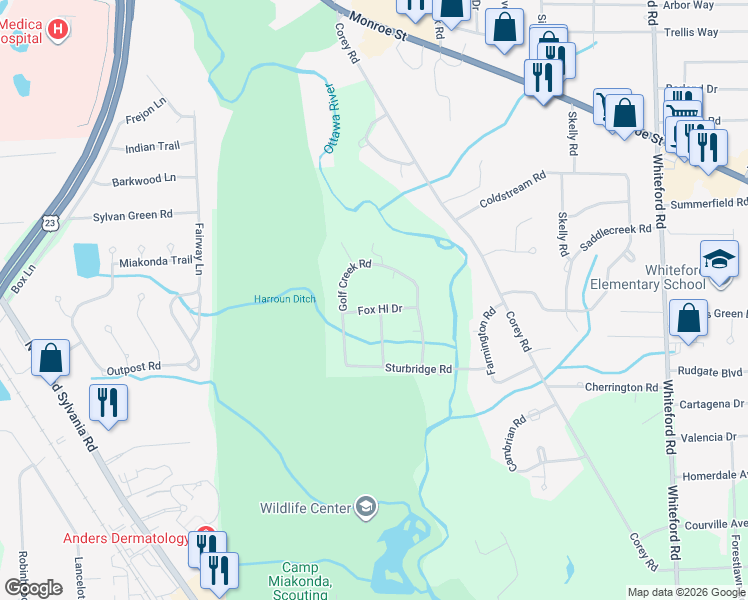 map of restaurants, bars, coffee shops, grocery stores, and more near 5602 Fox Hill Road in Toledo