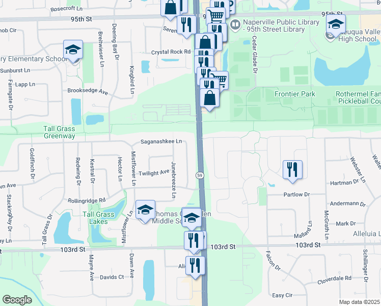 map of restaurants, bars, coffee shops, grocery stores, and more near 2965 Saganashkee Lane in Naperville