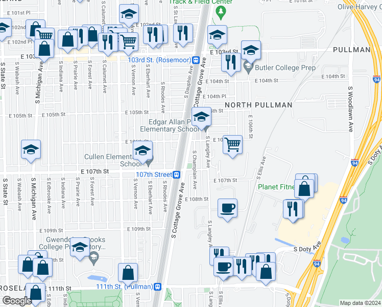map of restaurants, bars, coffee shops, grocery stores, and more near 10627 South Champlain Avenue in Chicago