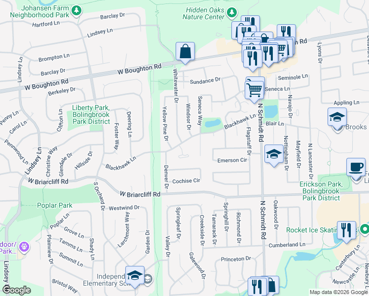 map of restaurants, bars, coffee shops, grocery stores, and more near 166 Cheyenne Court in Bolingbrook