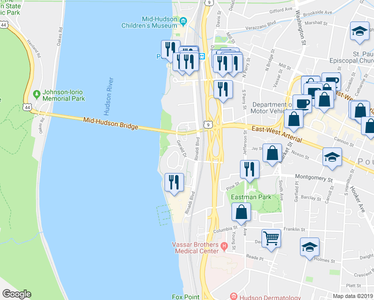 map of restaurants, bars, coffee shops, grocery stores, and more near 100 Rinaldi Boulevard in Poughkeepsie