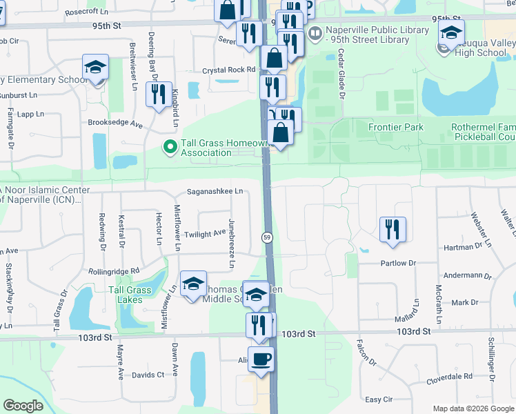 map of restaurants, bars, coffee shops, grocery stores, and more near 2981 Saganashkee Lane in Naperville