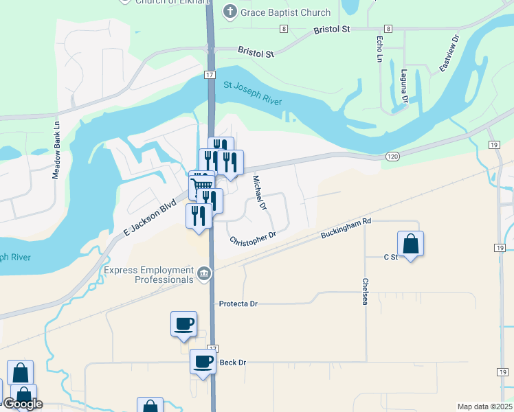 map of restaurants, bars, coffee shops, grocery stores, and more near 54607 Michael Drive in Elkhart