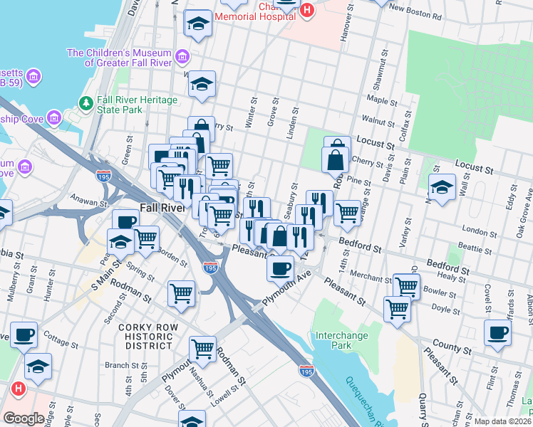 map of restaurants, bars, coffee shops, grocery stores, and more near 342 Bedford Street in Fall River