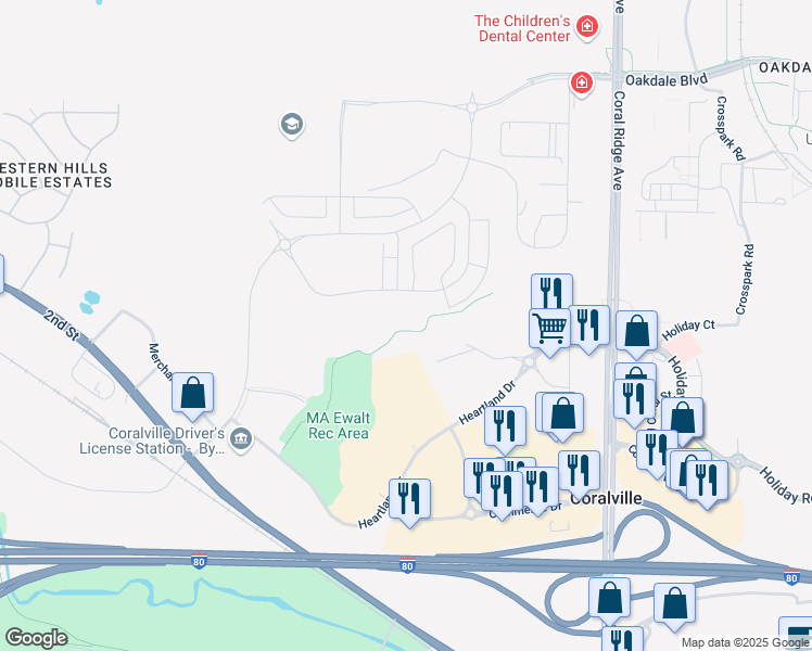 map of restaurants, bars, coffee shops, grocery stores, and more near 2779 Heartland Drive in Coralville