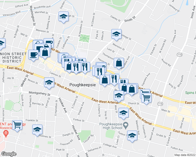 map of restaurants, bars, coffee shops, grocery stores, and more near 513 Main Street in Poughkeepsie